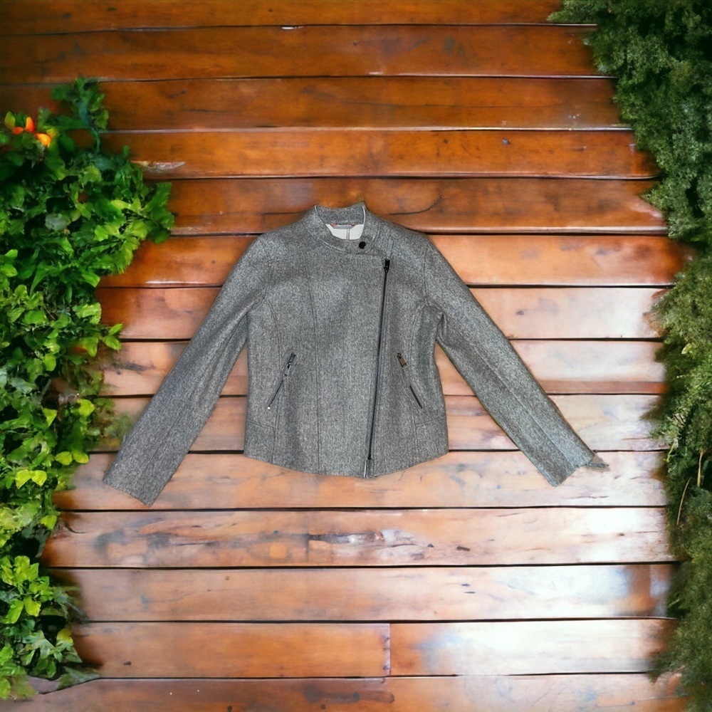 Banana Republic Moto Grey Boiled Wool laser cut blazer -Sz M-zipperdetails NWOT - Picture 7 of 12